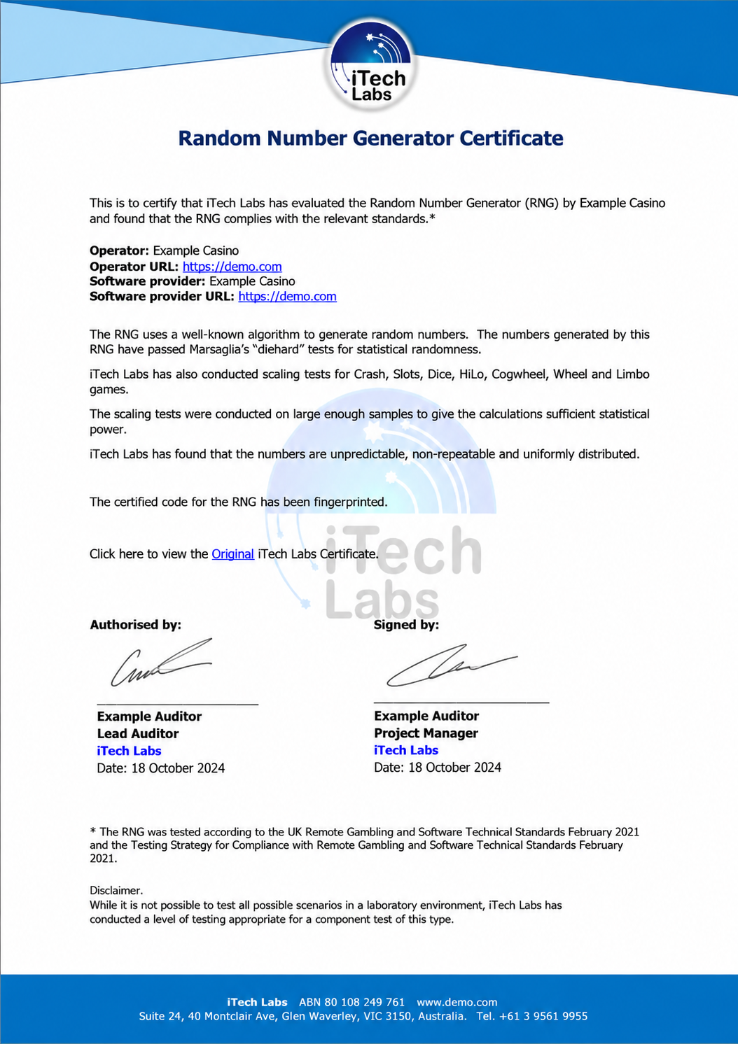 Example laboratory certification document