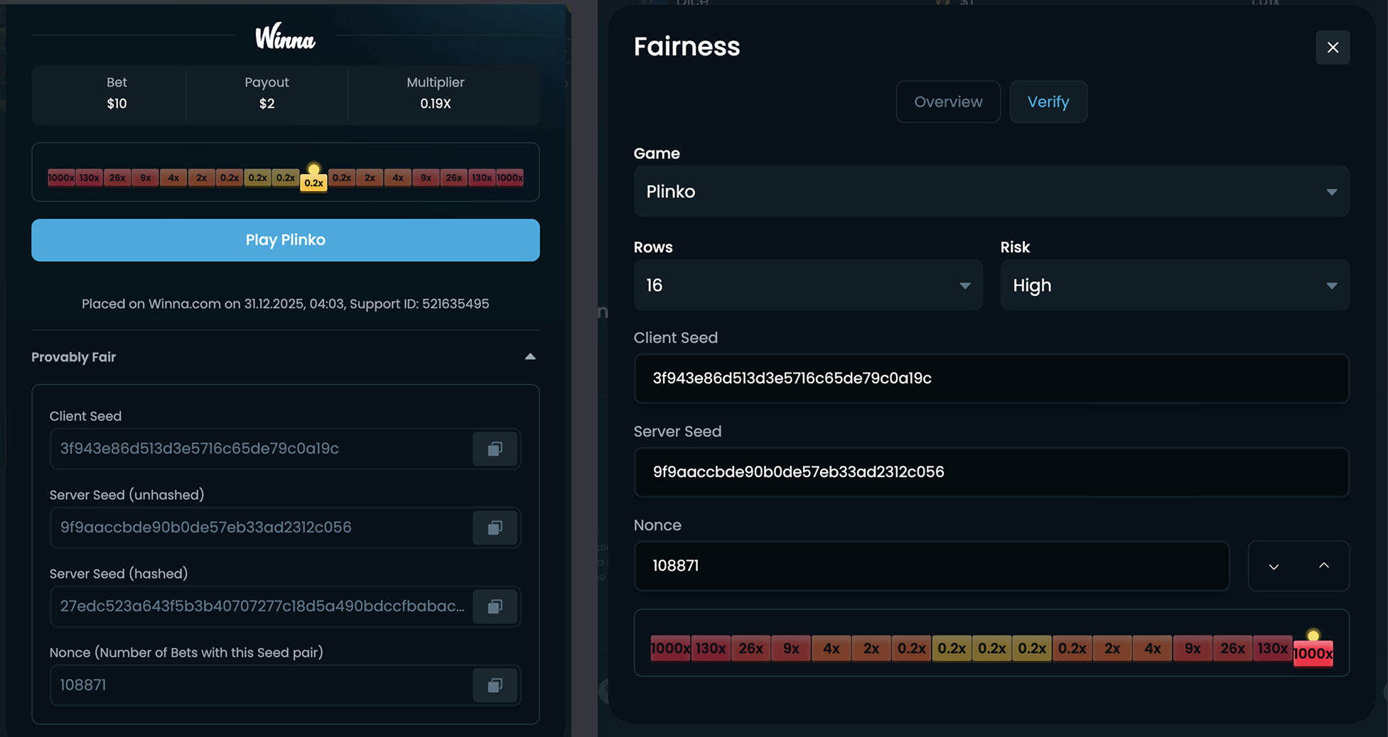 Captured Winna bet and verifier showing different outcomes